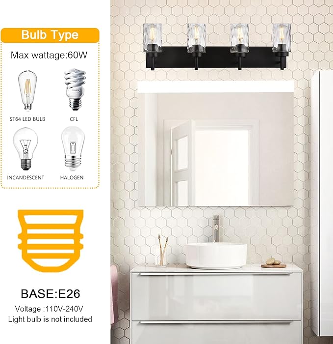 BONLICHT 4 Light Wall Vanity Bathroom Lights with Clear Hammered Glass in Black Finish,Modern Farmhouse Sconces Wall Lighting Fixtures Over Bath Makeup Mirror Industrial Wall lamp for Kitchen Hallway