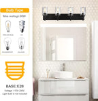 BONLICHT 4 Light Wall Vanity Bathroom Lights with Clear Hammered Glass in Black Finish,Modern Farmhouse Sconces Wall Lighting Fixtures Over Bath Makeup Mirror Industrial Wall lamp for Kitchen Hallway