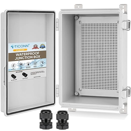 TICONN Waterproof Electrical Junction Box IP67 ABS Plastic Enclosure with Hinged Cover with Mounting Plate, Wall Brackets, Cable Glands (Off-White, 11"x7.5"x5.5")
