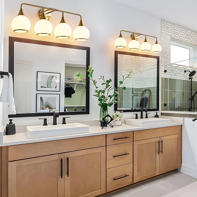 Brass Gold Bathroom Light Fixtures 4-ights Vanity Lights with Milky White Frosted Glass Shade Bathroom Vanity Light 30.7 inch Wall Sconce Lighting Bath(Exclude E26 Bulb)