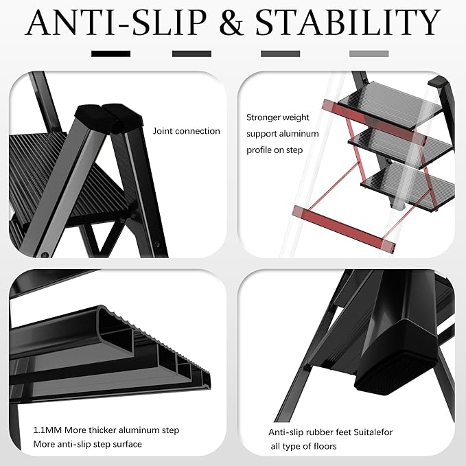 3 Step Ladder, Portable Step Ladder Folding, Lightweight Step Ladder with Anti-Slip Pedal, Aluminum Indoor and Closet, Kitchen, 330lbs - Black