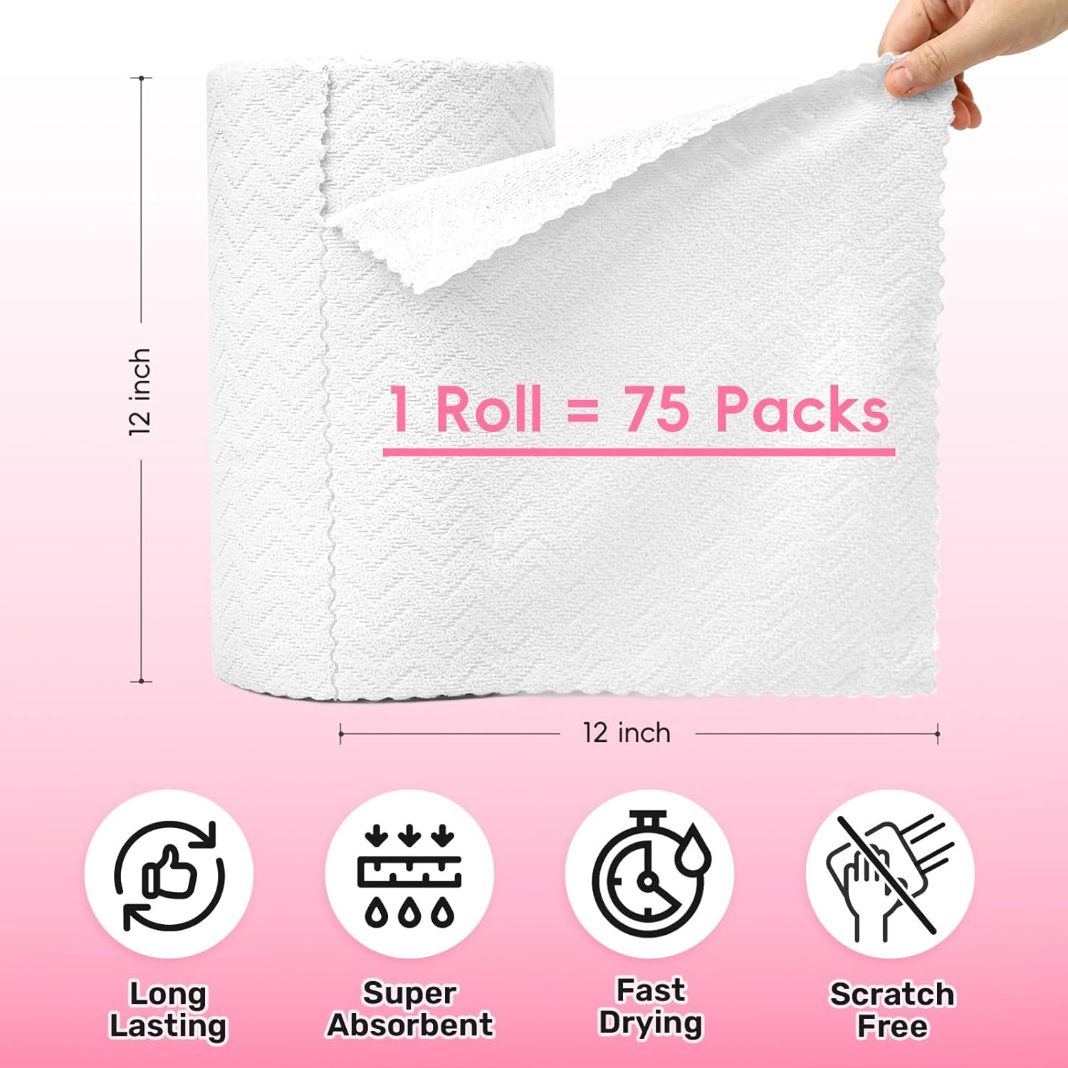Microfiber Cleaning Cloths Roll, 75 Pack Tear Away Microfiber Towels Roll, 12" x 12" Lint Free Rags, Reusable Cleaning Cloths, Washable, Scratch Free,Ultra Absorbent Dish Rags(White Ripple)