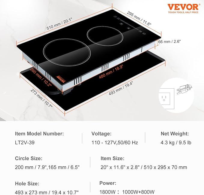 VEVOR Built in Electric Stove Top, 12 inch 2 Burners Ceramic Cooktop, Glass Radiant Cooktop with Sensor Touch Control, Timer & Child Lock Included, 9 Power Levels for Simmer Steam Slow Cook Fry,110V
