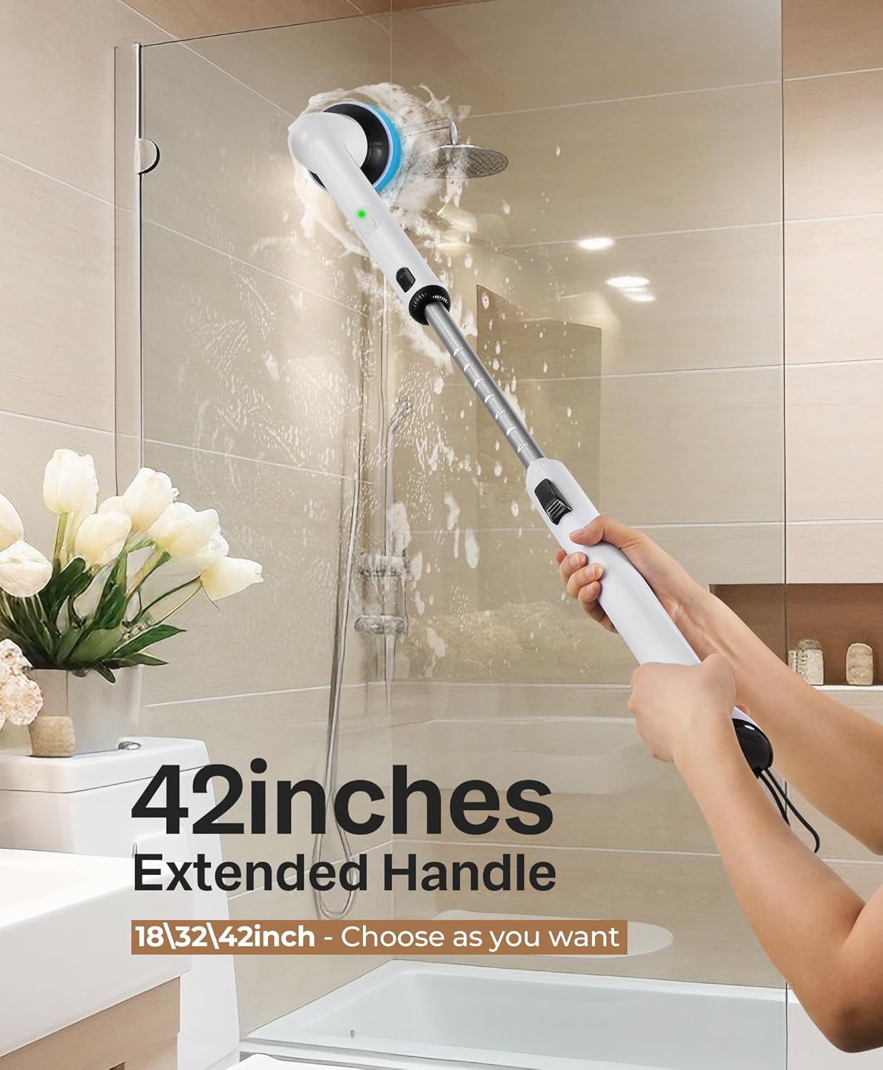 LyriFine Electric Spin Scrubber, New Full-Body IPX7 Waterproof Bathroom Cleaner Brush, Shower Scrubber with Long Handle & 2 Speed, Heads Replacement, Cleaning Supplies for Tub Shower Tile Floor