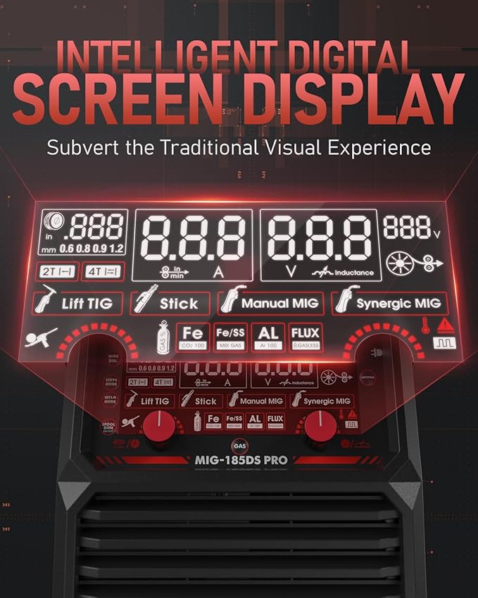 YESWELDER 185A MIG Welder, Flux Core MIG/Gas MIG/Spool Gun MIG/Lift TIG/Stick 5 in 1 Multi-process Aluminum Welding Machine, LED Digital Display Synergic Control 110V/220V Dual Voltage MIG-185DS PRO