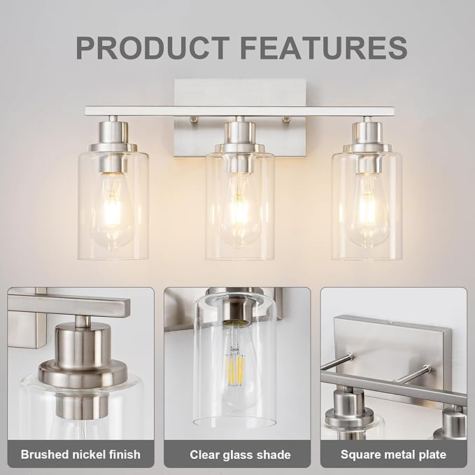 3 Light Bathroom Light Fixtures Brushed Nickel Vanity Light Over Mirror Modern Farmhouse Wall Lighting Sconces Wall Lamp for Bathroom, Bedroom, Living Room E26 Socket with Glass Shade