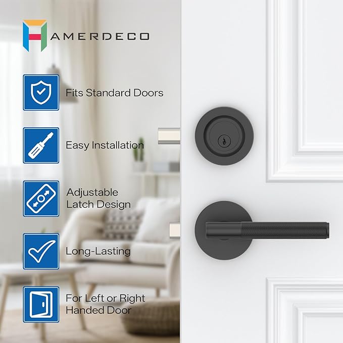 Amerdeco Front Door Lock Set with Double Cylinder Deadbolt, Black Exterior Entry Door Lever, Heavy Duty Entry Door Locksets for Left or Right Hand Exterior Door（Black 1 Pack）
