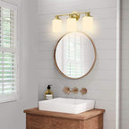 Brushed Gold Bathroom Light Fixtures, 3-Light Gold Vanity Lights with Frosted Glass Shades, Mid-Century Modern Wall Sconces for Living Room