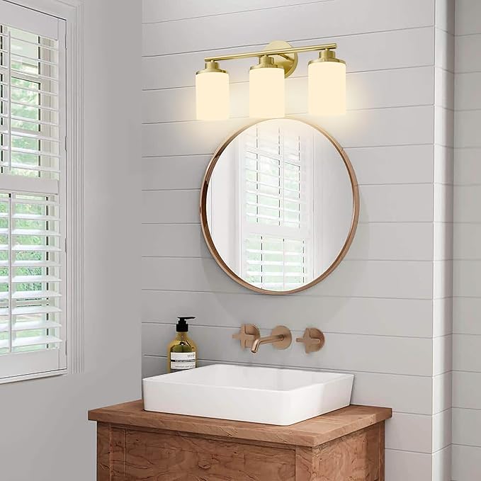 Brushed Gold Bathroom Light Fixtures, 3-Light Gold Vanity Lights with Frosted Glass Shades, Mid-Century Modern Wall Sconces for Living Room