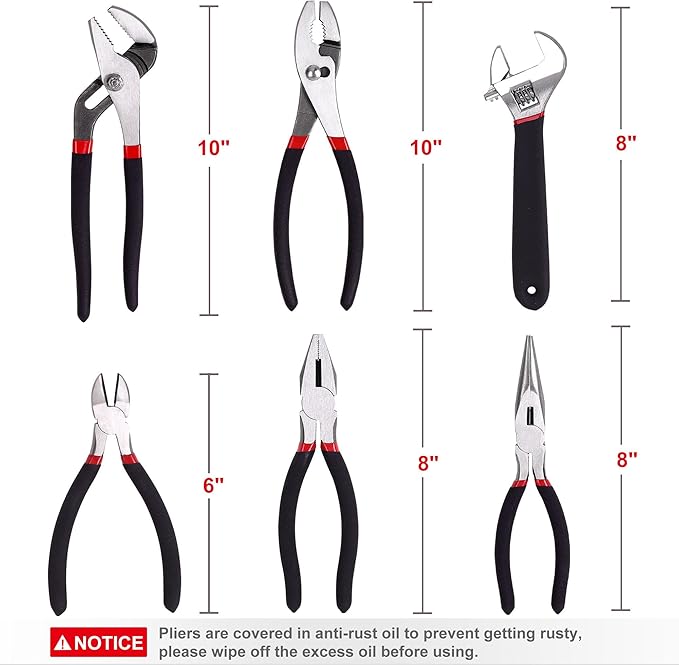 FASTPRO 6-Piece Large Pliers and Wrench Set, Includes 10" Groove Joint, 10" Slip Joint, 8" Linesman, 8" Long Nose, 6" Diagonal Pliers and 8" Adjustable Wrench