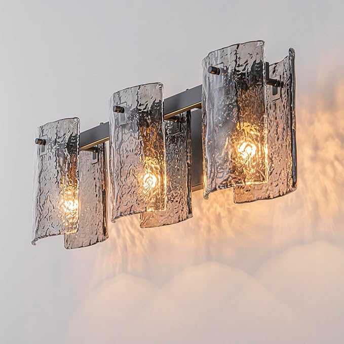 EDISLIVE Vintage Bathroom Vanity Light Black 3-Light Bath Wall Light Fixture with Ripple Block Shades Glass 23.6" E12 Antique Wall Sconce for Bedroom Hallway Living Room Vanity Mirror