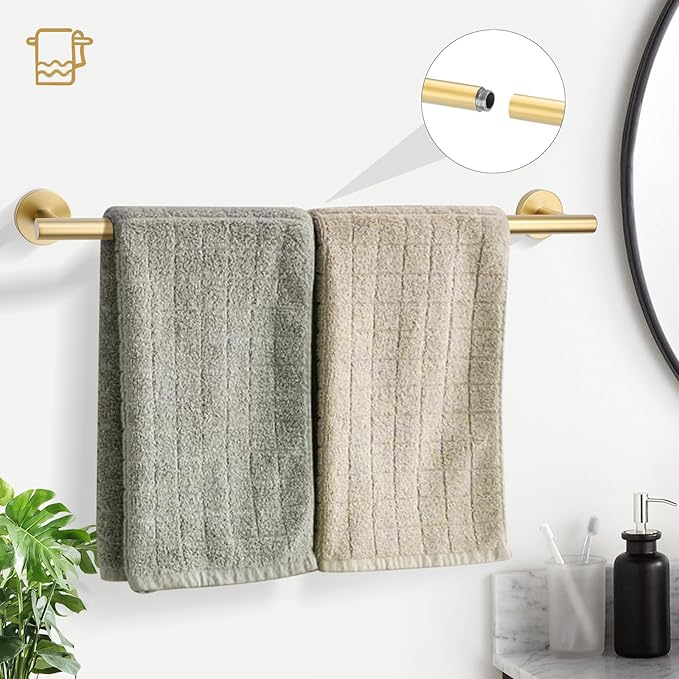 TURS Brushed Gold 5 Piece Bathroom Hardware Set, SUS304 Stainless Steel 24 Inch Bath Towel Bar Set, Round Bathroom Accessories Kit Wall Mounted