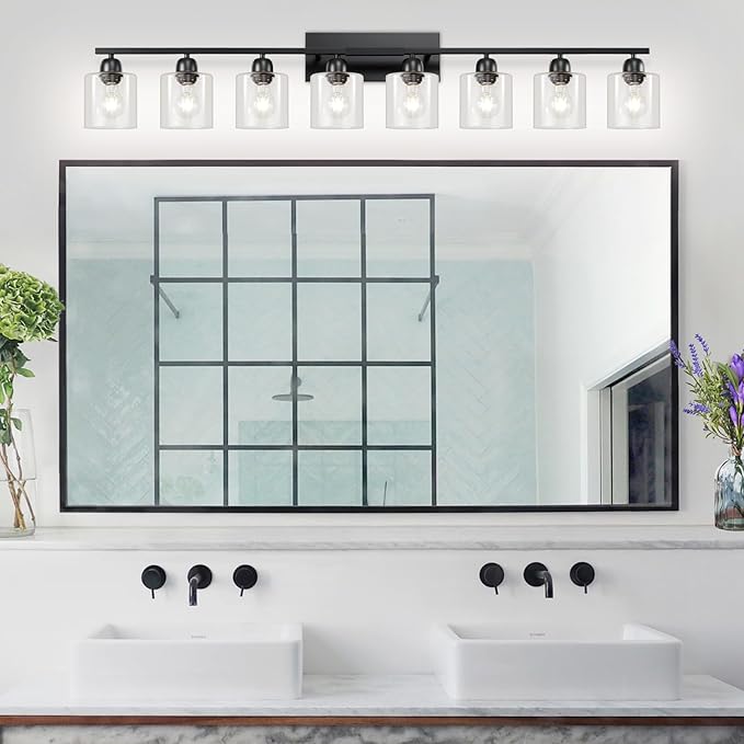 Modern 8 Light 52 inch Vanity Lights for Bathroom with Clear Glass, Black Bathroom Light Fixture for Mirror Kitchen Living Room Hallway Cabinet Porch