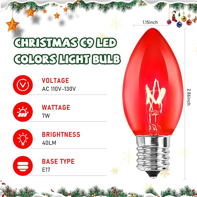C9 Multicolor Christmas Light Bulbs, Vintage Incandescent Replacement Bulbs for Christmas String Lights, E17 Intermediate Base 7W Night Light Bulbs for Indoor Outdoor Holiday Decor, 25 Pack
