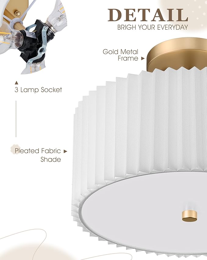 Gold Semi Flush Mount Ceiling Light, 3-Light 12.5" Ceiling Light Fixture with White Pleated Fabric Shade, Drum Lamp for Nursery Hallway Bedroom Kitchen, AD-25036-3SF-GD