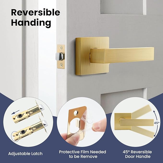 EHOMEWARE 2 Pack Closet Door Handles Interior Non-Locking Lever Set for Hallway Door or Closet with Satin Brass Finish, Reversible for Right or Left Side