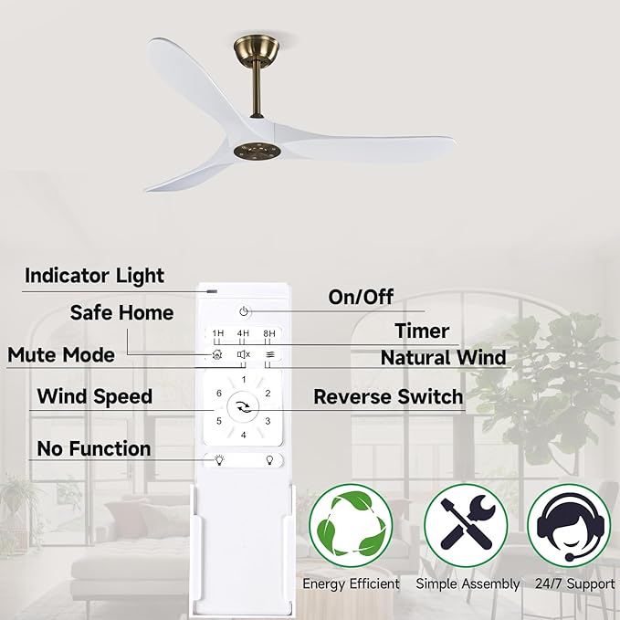 52" 3 Blade Ceiling Fan Without Light, Farmhouse Rustic Wooden Flush Mount Ceiling Fan no Light with Remote for Indoor/Outdoor - High End Silent Operation, White & Gold, 52 Inch