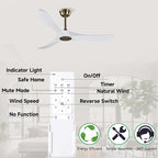52" 3 Blade Ceiling Fan Without Light, Farmhouse Rustic Wooden Flush Mount Ceiling Fan no Light with Remote for Indoor/Outdoor - High End Silent Operation, White & Gold, 52 Inch