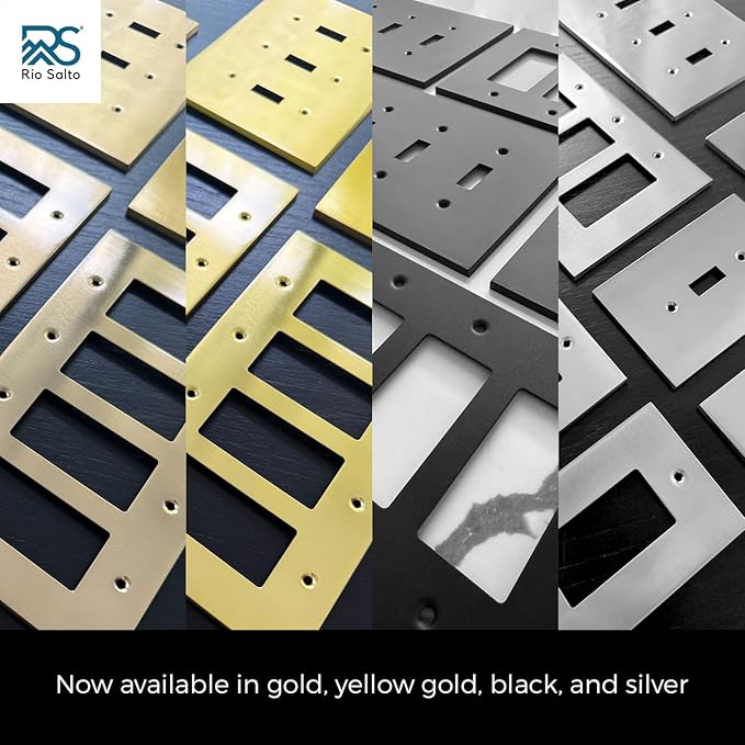 Rio Salto Modern Metal Vibrant Yellow Gold Double Decorator Wall Outlet Cover Light Switch Double Rocker Decora Decorator Wall Plate MIDSIZE Covers Decorative Receptacle (Rocker, 2-Gang, 2-Pack)