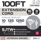 Iron Forge Cable Weatherproof 100 Ft Outdoor Extension Cord with 3 Outlets - 16/3 SJTW Heavy Duty Beige Extension Cord 3 Prong - 10 Amp Power Cable