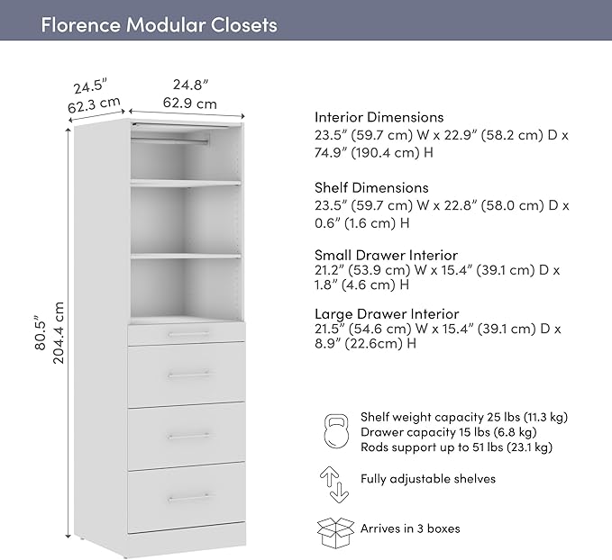 Bestar 25W x 25D Modular Closet Organizer System Tower, Reach-in Closet or Walk-in with LED Light, Shelves, and 4 Drawers, Slab Style, Florence Collection, White