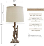 OYEARS 23" Rustic Farmhouse Table Lamp Country Cottage Lamps for Nightstand Tree Trunk Wood Grain Lamp for Bedroom Living Room with Oatmeal Fabric Round Shade Resin Bedside Lamp