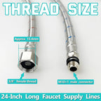 24" Length Bathroom Kitchen Faucet Connector Water Supply Line, Durable Braided Steel Hot and Cold Water Lines Faucet Hose 3/8" female compression thread x M10 male connector