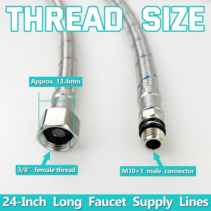 24" Length Bathroom Kitchen Faucet Connector Water Supply Line, Durable Braided Steel Hot and Cold Water Lines Faucet Hose 3/8" female compression thread x M10 male connector