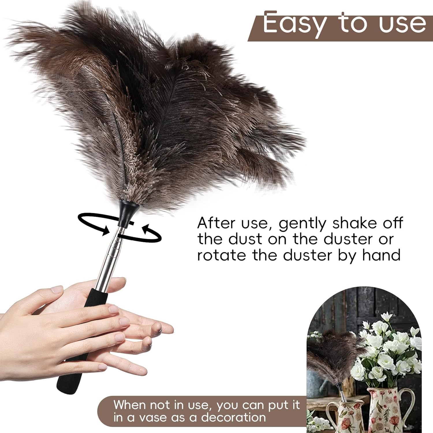 THARAHT Extendable Ostrich Feather Duster up to 16-47 inches Fluffy Feathers Long Handle Reusable for Cleaning Ceiling Fan Pendant lamp High Ceiling Blinds Furniture Feather Duster