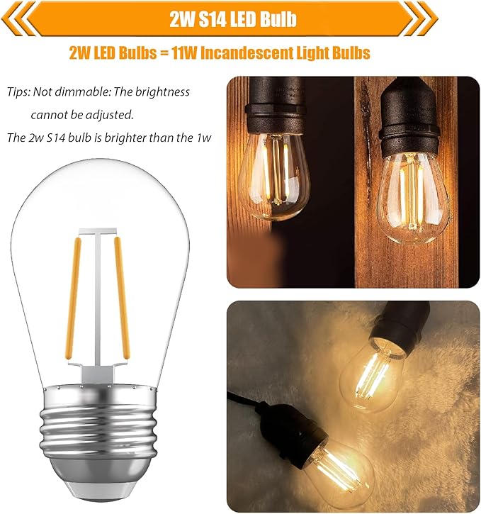 Replacement Bulbs for String Lights, 2W S14 Shatterproof Outdoor LED Light Bulbs, 2700K Soft White, E26 Base, AC120V, Not Dimmable, 30 Pack
