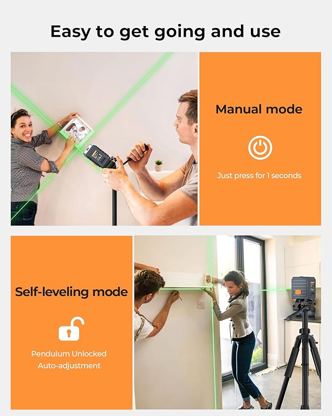 Laser Level, CIGMAN CM-G01 Self-Leveling Green Cross Line Laser, 100ft Range, 4 Brightness Levels Up to 28H Runtime, Compact 6.4oz, IP54, Magnetic Bracket, for Picture Hanging, Tile, DIY & Renovation