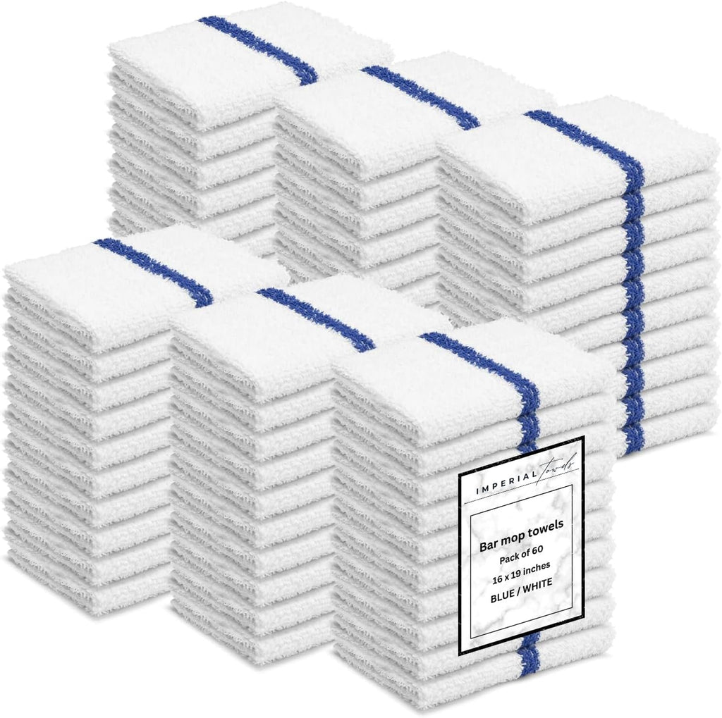 Bar Mops Blue Stripe Pack of 60 Kitchen Towels 16x19 Multi-Purpose for Home, Restaurant and Cleaning White Absorbent Washcloth Dishcloths Sets, Reusable Dish, Cloths Rags