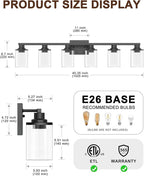 DORESshop 6-Light Black Bathroom Light Fixtures Over Mirror with Clear Glass Shade, Vanity Lights for Bathroom Mirror Hallway
