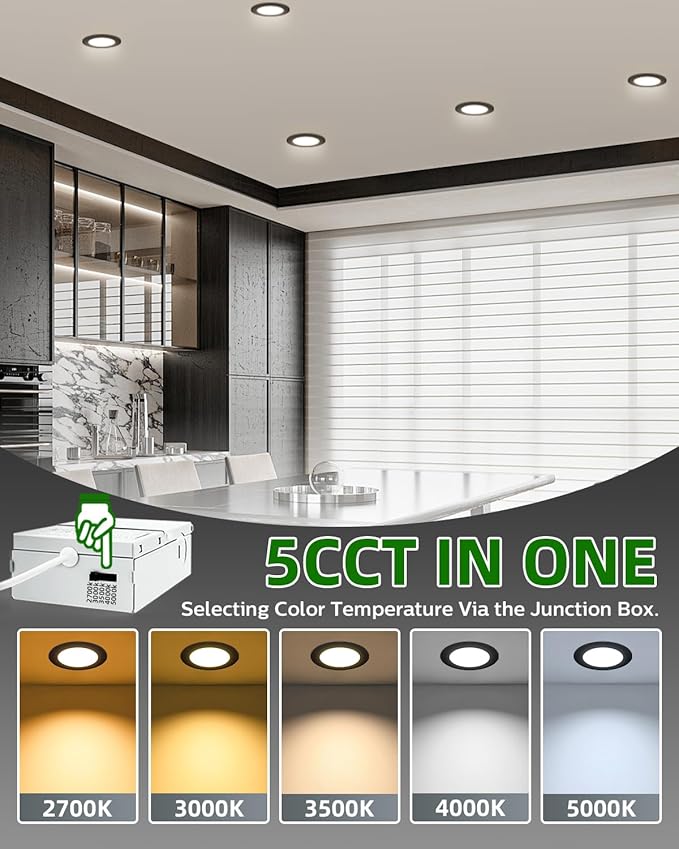 zouzai 1 Pack 6 Inch Black 5CCT Reset Ultra-Thin LED Recessed Ceiling Light with Junction Box, 2700K/3000K/3500K/4000K/5000K Selectable,12W,Dimmable- ETL and Energy Star Certified