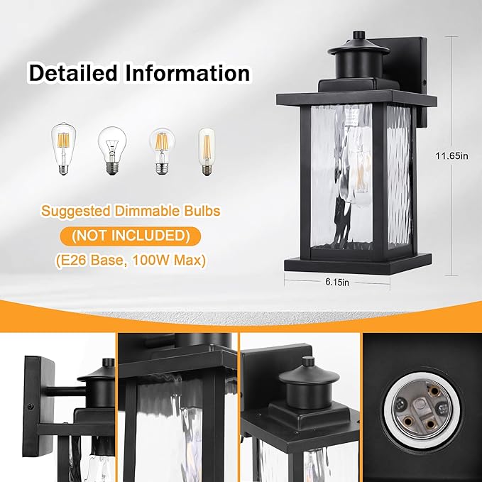 12'' Outdoor Wall Light Fixtures, Exterior Wall Lantern Waterproof, Porch Sconces Lighting with E26 Socket, Modern Matte Black Wall Lamps for House Patio Front Door, 1Pack