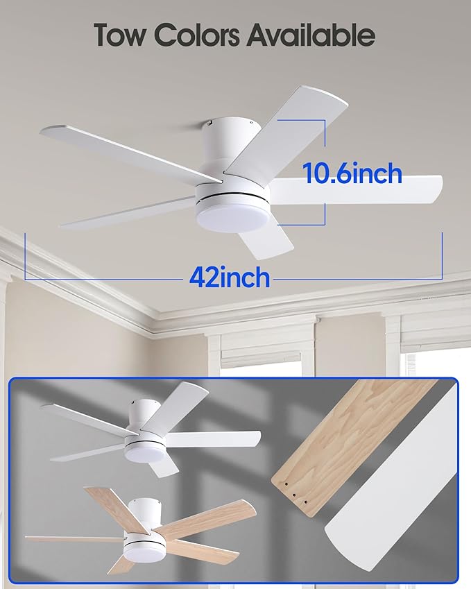 42 Inch White Ceiling Fan with Light Flush Mountand Remote Control,Dimmable 3 Color Temperatures LED Ceiling Fan,6 Speeds Reversible DC Motor,5 Blades Modern Ceiling Fans for Indoor or Covered Outdoor