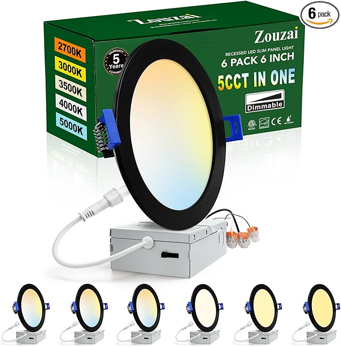 zouzai 6 Inch Black 5CCT Ultra-Thin LED Recessed Ceiling Light with Junction Box 2700K/3000K/3500K/4000K/5000K Selectable, 12W Dimmable, led can Lights ETL and Energy Star Certified【6 Pack 】