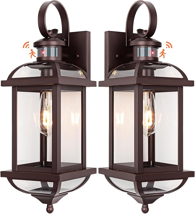 Motion Sensor Outdoor Lights Dusk to Dawn, 19 Inch Enclosed Bottom Anti-Rust Aluminum Oil Rubbed Bronze Porch Lighting Large Exterior Light Fixtures 2 Pack Outdoor Coach Lights for House