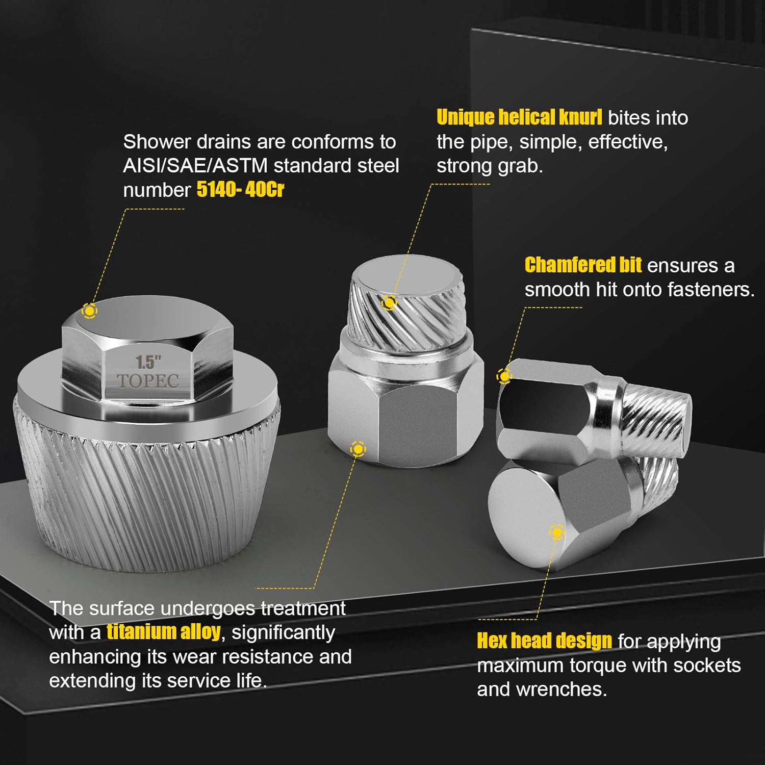 Topec 1.5'' Tub Drain Extractor, 8PCS Pipe Nipple Extractor Set with 1-inch Socket, Remove the Old, Broken, Stubborn, Rusted Drain Tub Bathtub Remover, Strong Grab Plumbing Tools with Storage Case