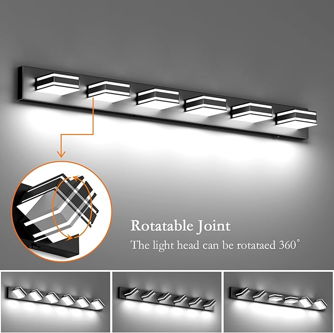 Ralbay 48inch Black Bathroom Vanity Light with 5 Color Temperatures (3000K-6000K) Dimmable Metal Acrylic Modern LED Matte Black Bathroom Lighting Over Mirror (6-Light)