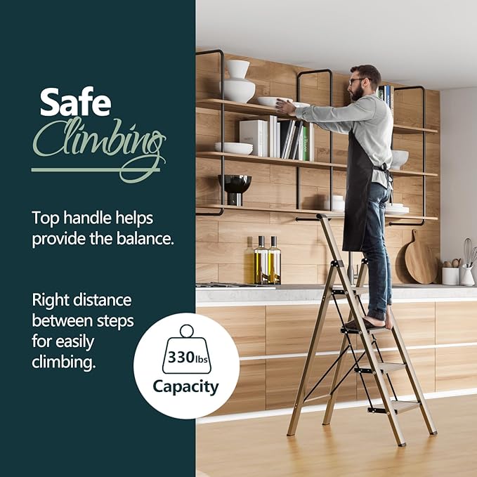 WOA WOA 4 Step Ladder for 10 Feet High Ceiling, Lightweight Foldable Ladder with Non-Slip Wide Pedals, Step Stool with Safe Handrail, Space Saving for Home, Kitchen, Indoor & Outdoor 300lbs - Gold