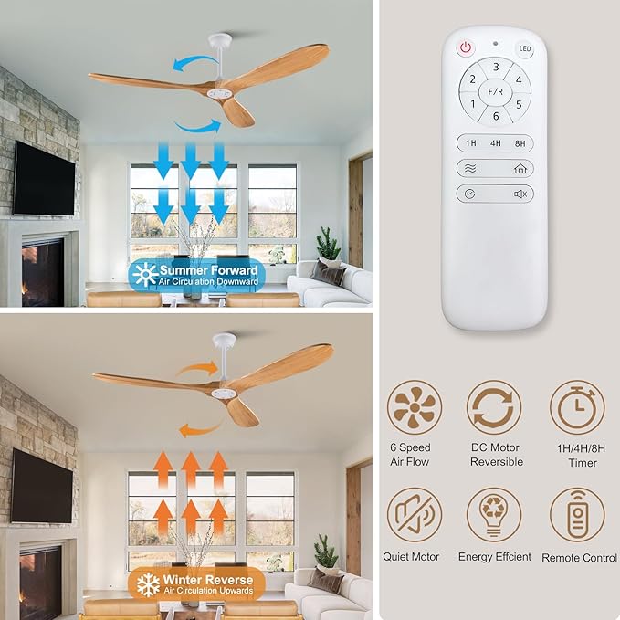 52 Inch Ceiling Fans Without Light, Solid Wood Ceiling Fan No Light with 3 Blades and Remote Control, DC Motor, Indoor Outdoor Ceiling Fans for Patio, Garage, Living Room, Bedroom, Office