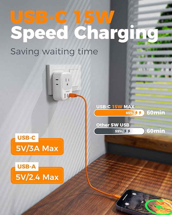 TESSAN Italy Travel Plug Adapter, Type L Adapter for Travel with 4 Outlets 3 USB (2 USB-C), Power Adaptor for US to Italy Chile Rome Uruguay Milan Libya