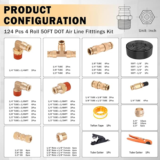 CheeMuii 124 PCS Brass DOT Air Line Fittings with 4 Roll 100FT 1/8" 1/4" 3/8" 1/2" DOT Air Lines Kit Push Lock Air Fitting Quick Connect Air Fittings with Air Hose Pneumatic Tubing