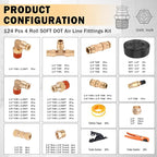 CheeMuii 124 PCS Brass DOT Air Line Fittings with 4 Roll 100FT 1/8" 1/4" 3/8" 1/2" DOT Air Lines Kit Push Lock Air Fitting Quick Connect Air Fittings with Air Hose Pneumatic Tubing