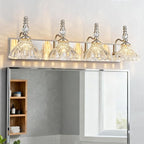 Vintage Bathroom Vanity Light, 4-Light Brushed Nickel Vanity Lighting Fixture with Flower Glass Shade, Bathroom Lighting Fixtures Over Mirror