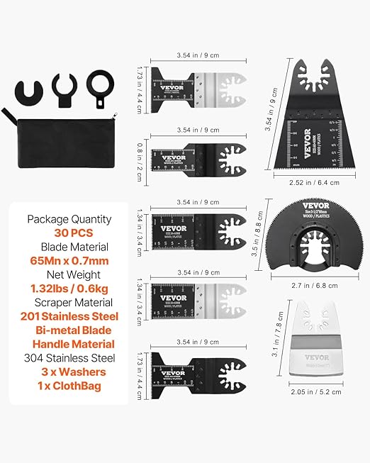 VEVOR 30-Piece Oscillating Saw Blades, Quick Release Multi Tool Blades Kits, 8 Types Oscillating Multitool Blade for Wood Plastic Metal, Compatible with Dewalt Ryobi Milwaukee Hitachi Chicago Fein