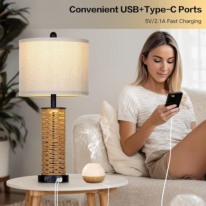 27" Boho Rattan Table Lamps Set of 2, Coastal Bedside Lamp with Night Light, Woven Wicker Bedroom Nightstand Lamps with USB A+C Charging Port, Tall Farmhouse Lamp for Living Room End Table