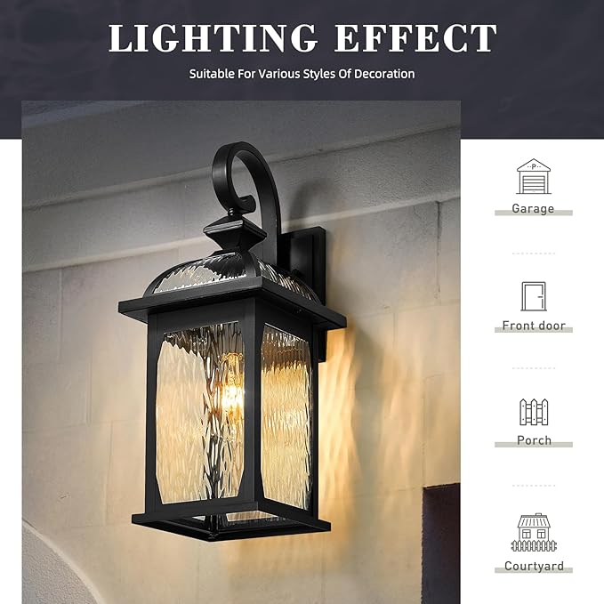 zeyu Large Outdoor Wall Fixture Lights, 22 Inch Exterior Porch Wall Lantern for Patio Porch, Die-Cast Aluminum with Water Ripple Glass, Black Finish, ZD100B-M BK-WP