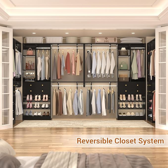 Closet System - 5FT Small Closet System with Drawers, 60" Closet Organizer System with Reversible Hanging Shelving, Closet Systems for Small/Walk-in Closets, Black